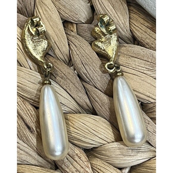 Fabulous VTG Gold Tone Tear Drop Rhinestone Faux Pearl Earrings Regency Art Deco - Picture 4 of 7